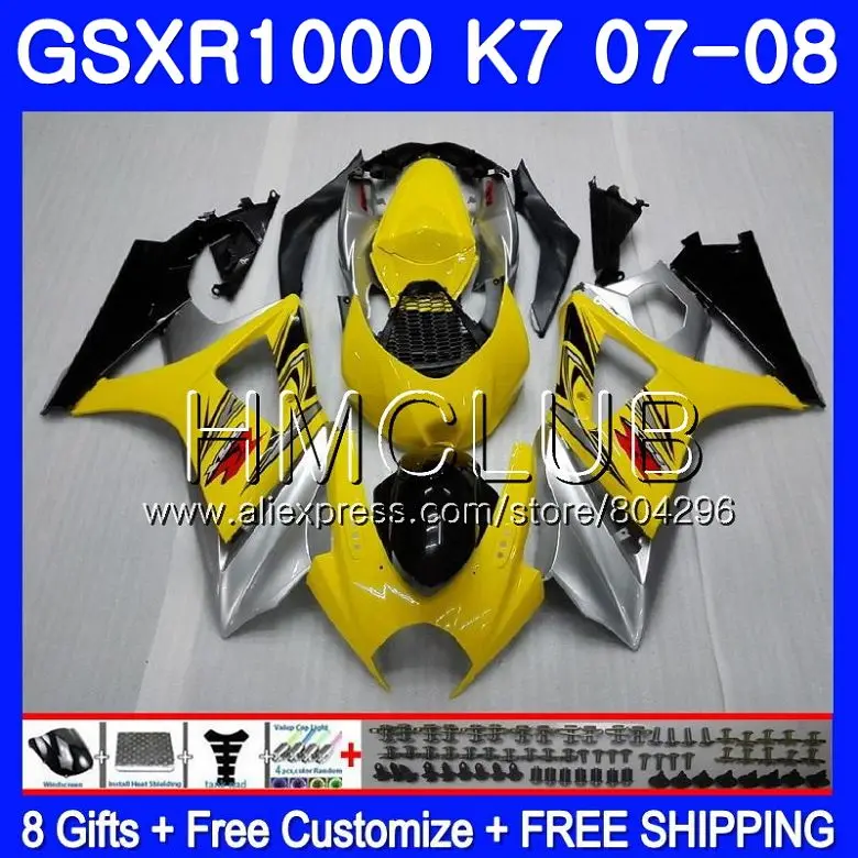 

Body For SUZUKI GSXR-1000 K7 GSX-R1000 GSXR 1000 07 08 35HM15 Yellow silvery GSXR1000 07 08 Bodywork GSX R1000 2007 2008 Fairing