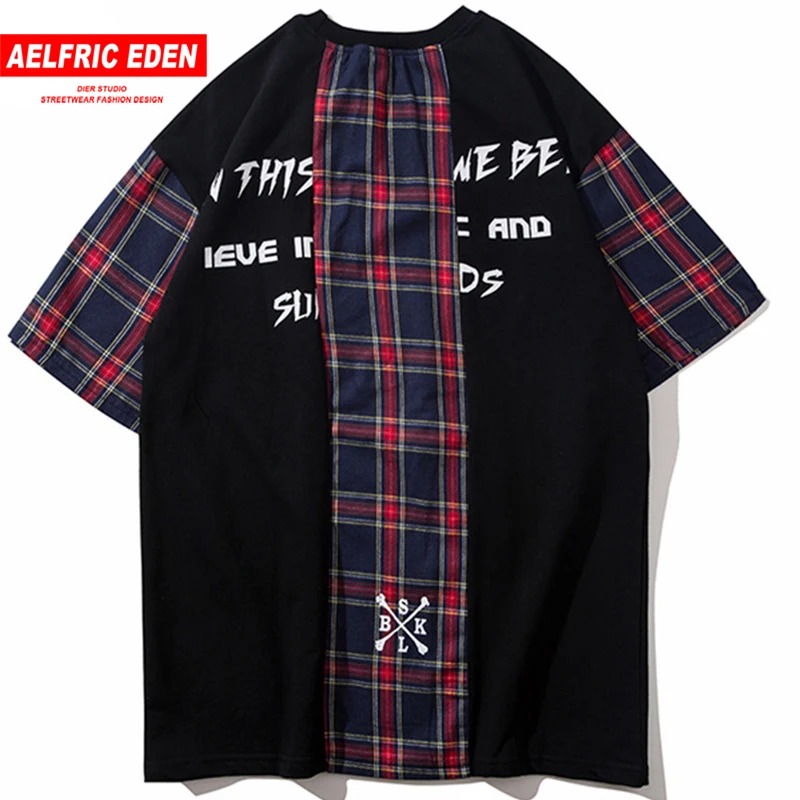 Aelfric Eden лоскутное плед Экипаж шеи Футболка Hipster Для мужчин 2018 Летняя мода уличная