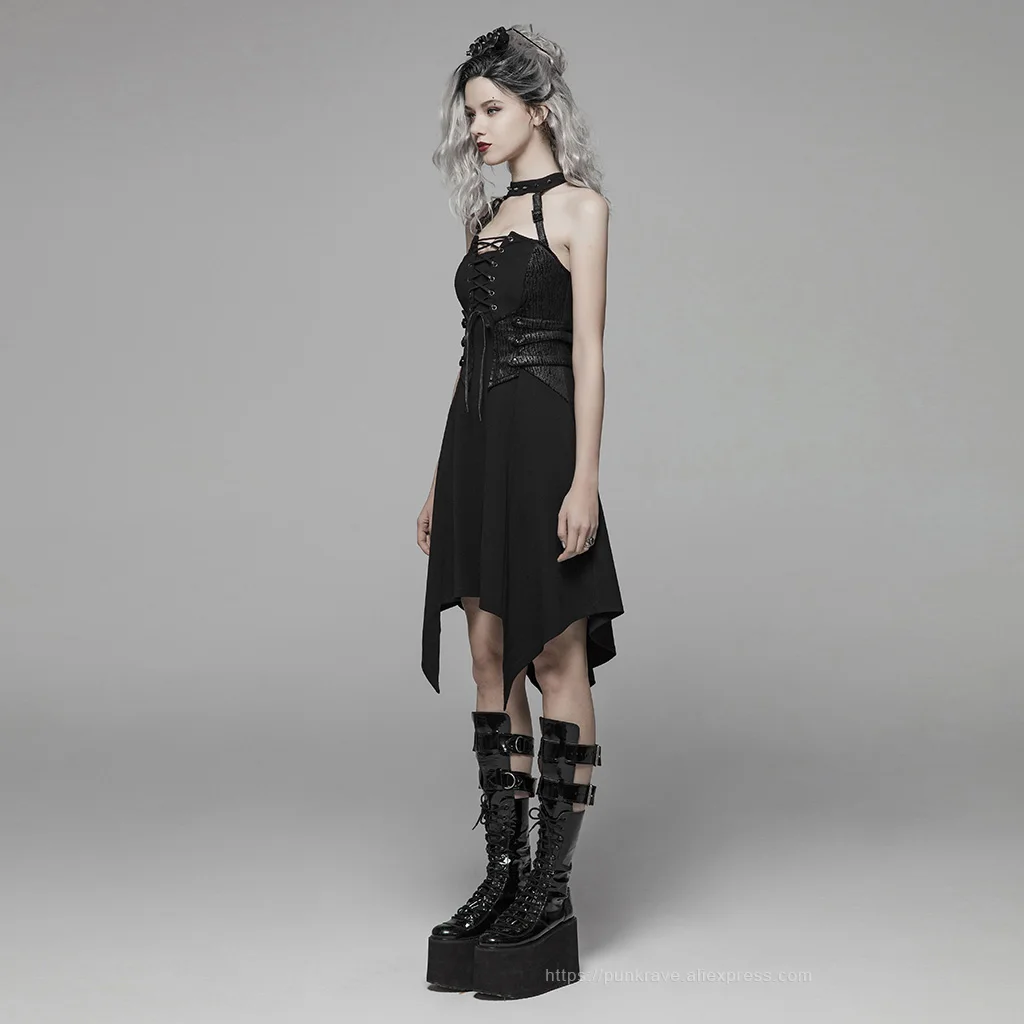 Панковское RAVE женское темно-панк асимметричное короткое платье с заклепками, Сексуальные клубные Вечерние платья на бретелях, женское платье в стиле рок и мотоцикла