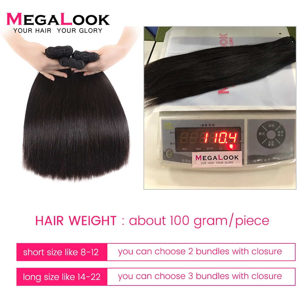Super Double Drawn Hair Brazilian Raw Virgin Unprocessed Straight Human Hair Bundles with Closure 100% Hair Weave Megalook