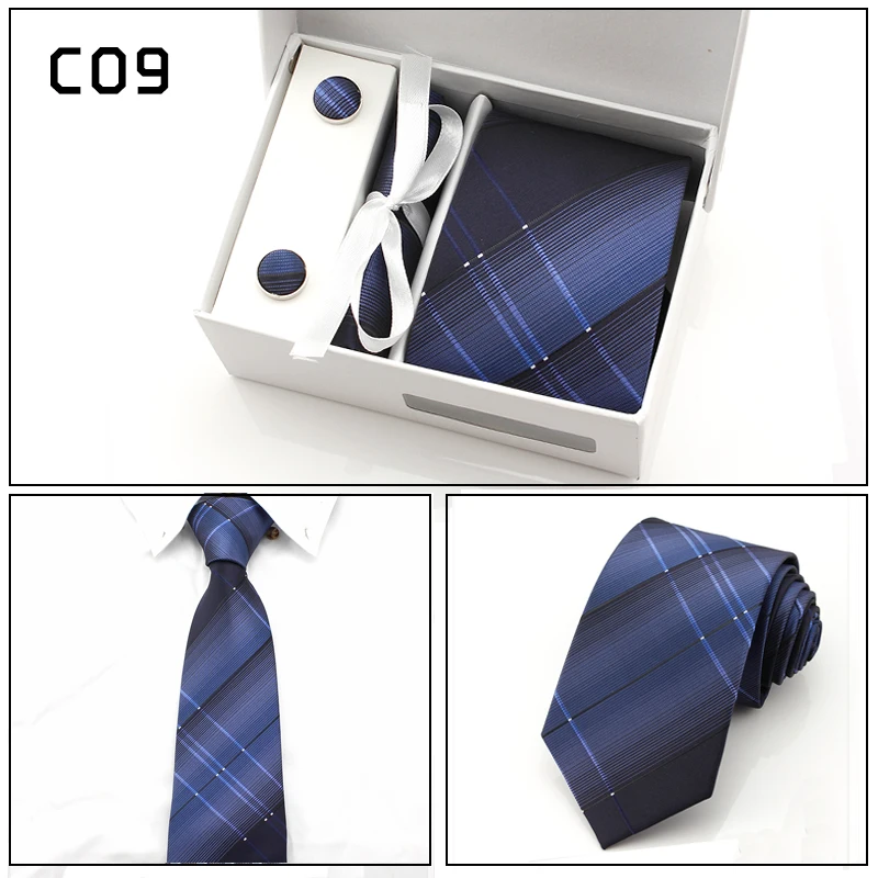  2017 New High Quality 8CM Ties Set for Men Cufflink Pocket Square Tie Clips Handkerchief Mens Black