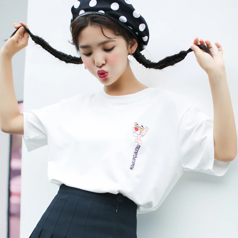 

Harajuku Kawaii Pink Leopard Embroidery T Shirt Schoolgirl Pink White Tops 2019 Korean Fashion Cute Clothes Women Loose Tshirt