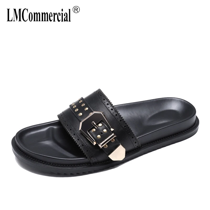 

summer Korean version personalized beach slippers outdoor fashion slip-proof thick sole slippers mens all-match cowhide rivets