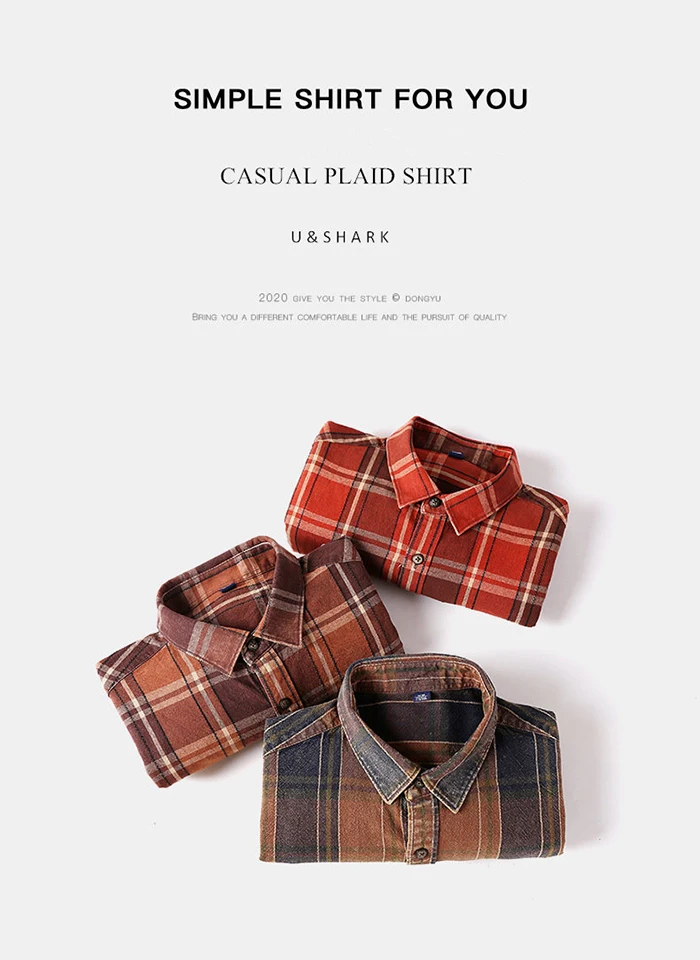 U&SHARK Spring New Mens Plaid Casual Shirts Long Sleeve Cotton Soft Dress Shirt Social Male Retro Style Camiseta Masculina