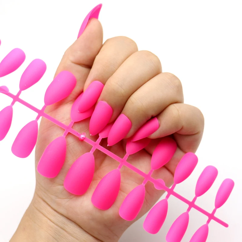 Bright Red Fake Nails Acrylic Peach Matte False Nail Tips Pointed Full