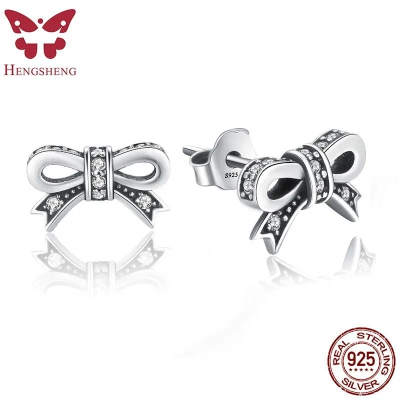 

HENGSHENG 2018 Delicate 100% 925 Sterling Silver Sparkling Bow Women Stud Earrings With Clear CZ,Best For Women Party Jewelry