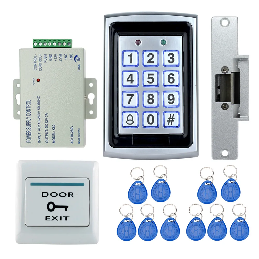 

Access control system kit set 7612 model metal keypad+electric strike lock+power supply+exit button+10 rfid keychains hot sale