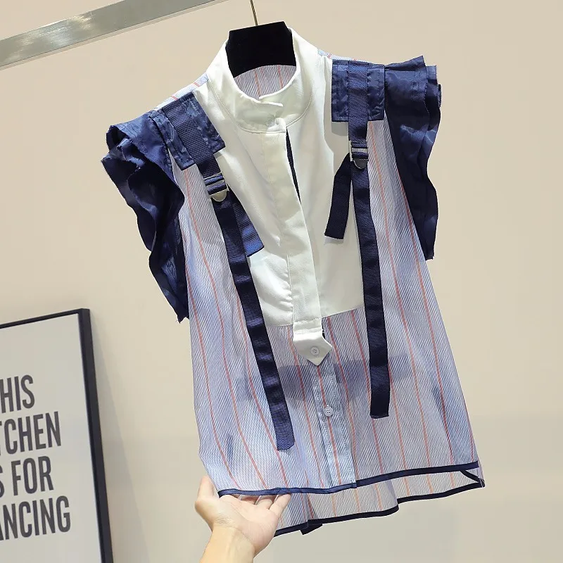 

Striped patchwork ruffles chiffon blouse korean fashion clothing sleeveless womens tops and blouses loose shirt blusas elegantes