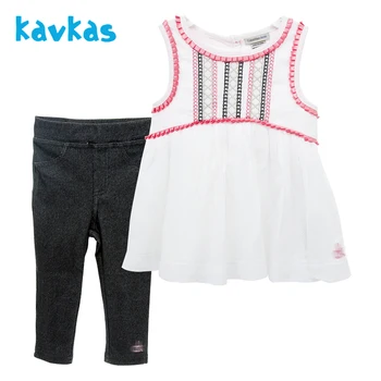 

KAVKAS Lovely Kid Clothes Set 100% Cotton Clothing 2pcs set 2-6T Children Girl Sleeveless Shirt Flower Casual Jeans For Baby