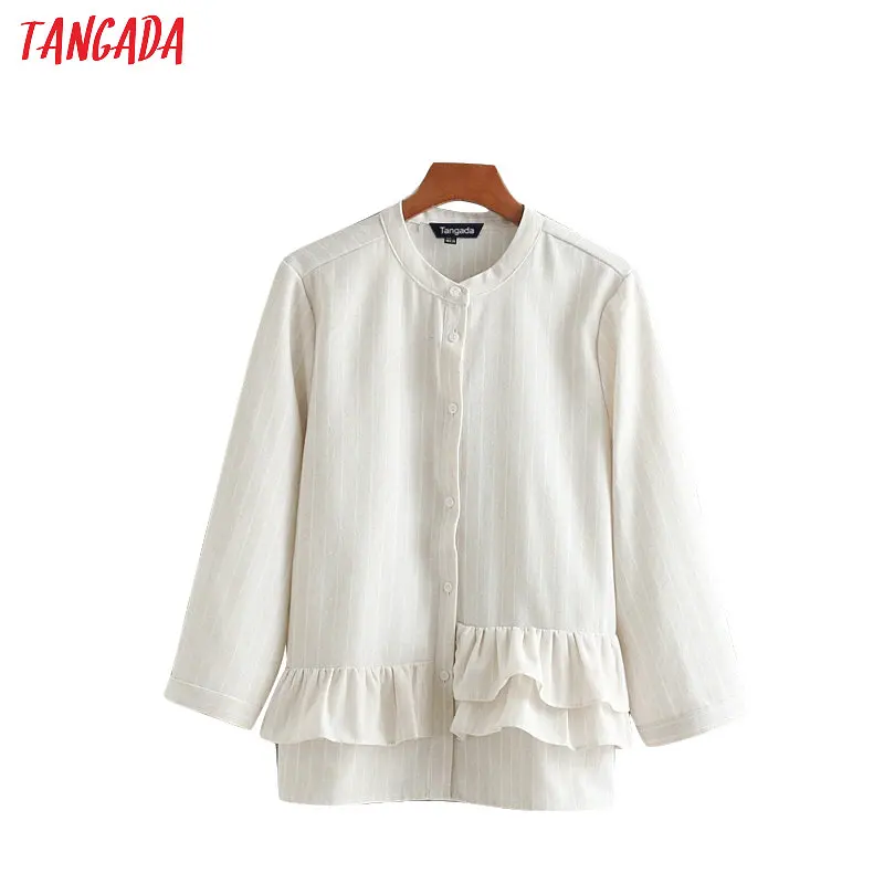 

Tangada women cotton linen shirts long sleeve striped print big size fashion 2019 sweet ruffles blouses tops CE113