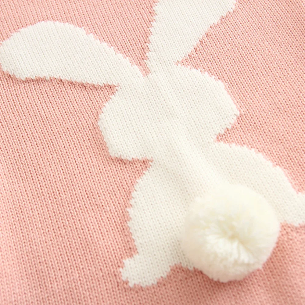 Модный вязаный свитер с рисунком кролика и помпонами комбинезон для маленьких девочек, комбинезон, хлопковые топы, комплект одежды для новорожденных и малышей возрастом от 0 до 24 месяцев
