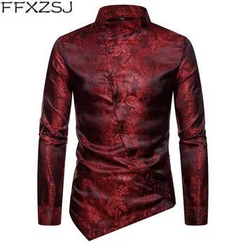 

Mens Paisley Dress Shirts Casual Slim Fit Men Shirt Irregular Oblique Hem Business Social Shirt Men Long Sleeve Chemise Homme