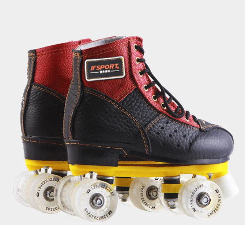 Roller Skates Black Red Genuine Leather With Led Lighting Wheels Double