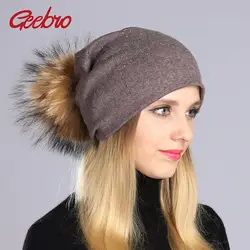 Geebro осень Для женщин круглый Стразы хлопок шапки женские шапочки Hat натуральным енота помпонами Мех животных зимние теплые Pom Hat