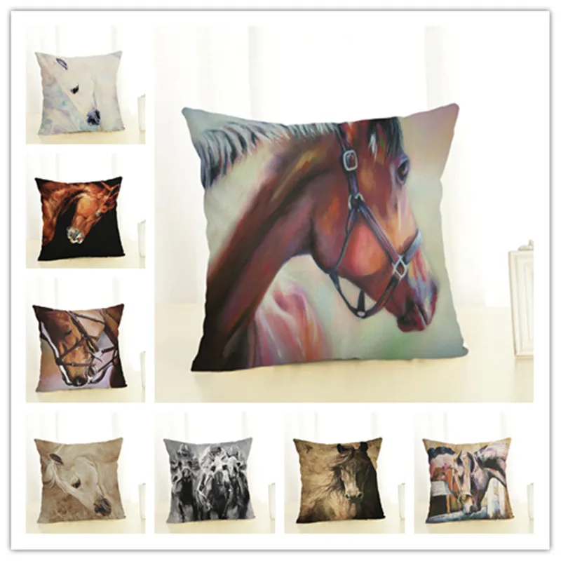 

Horse Printing Cushion Cover Colourful Square Printed Cushion Cover Chinese Cotton Linen Cushion Cover Handmade