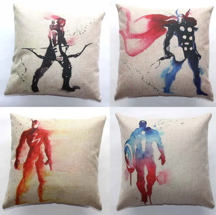 

Watercolor Painting Super Hero Cushion Cover Captain America The Flash Thor Pillow Covers Decorative Linen Cotton Pillow Case