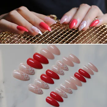 

Fake Nails natural pink Openwork pattern DIY Red Stiletto false nails Beige 24PCS Full cover full sets point almond design