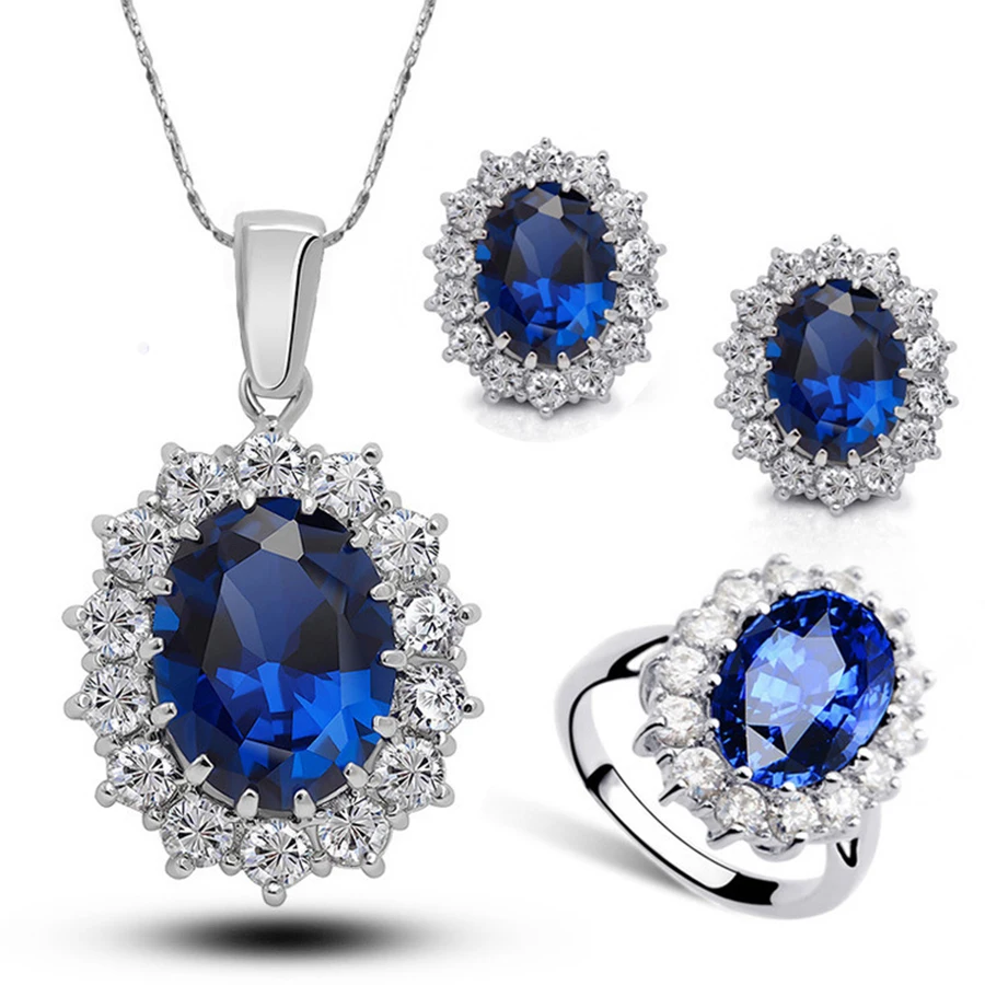 

The Queen Luxury Cubic Zircons Crystal Jewelry Set Blue Crystal PendantNecklace Earrings Ring Suit For Mother's Day Lover's Gift