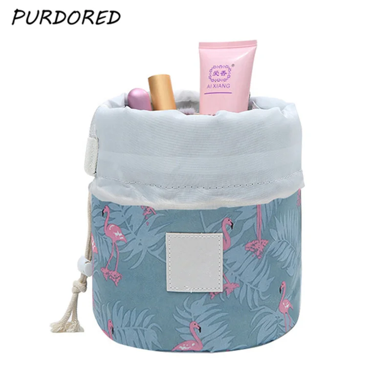  PURDORED 1 pc Flamingo Drawstring Cosmetic Bag Barrel Shape Women Makeup Organizer Storage Bags Tra