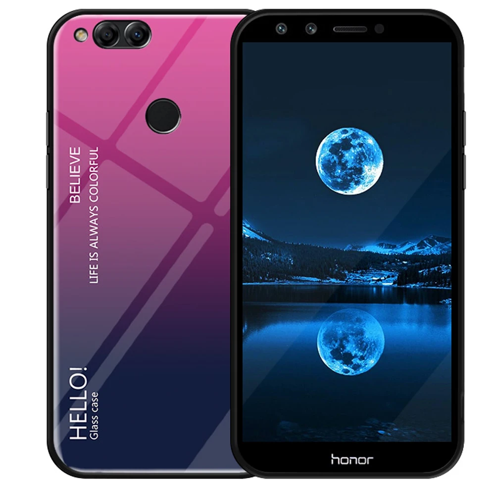For Huawei Honor 7X Case Cover Glossy Tempered Glass Soft Silicone Frame Shockproof Hard Capa |