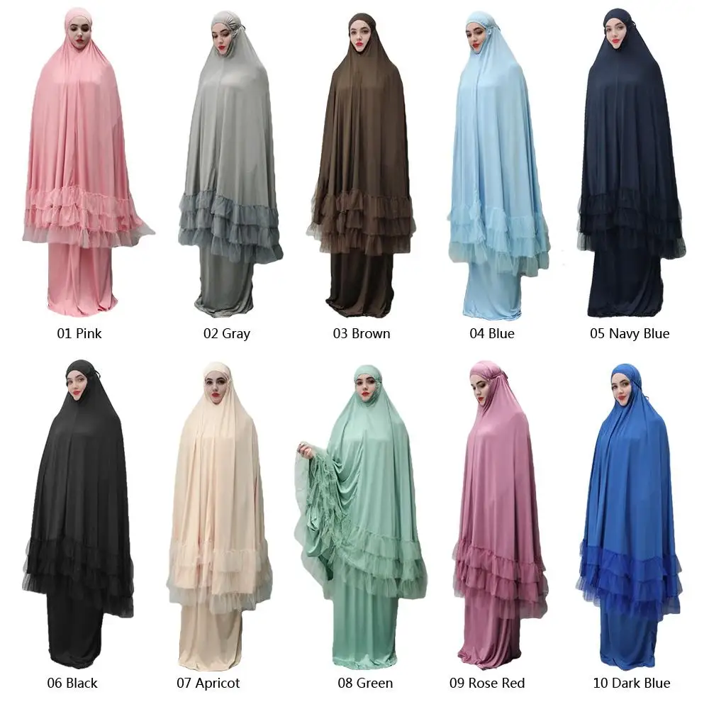 2 Piece Women Prayer Hijab Dress Dubai Muslim Khimar Jilbab Overhead Abaya Clothing Ramadan Skirt Kaftan Solid Color Set Islamic