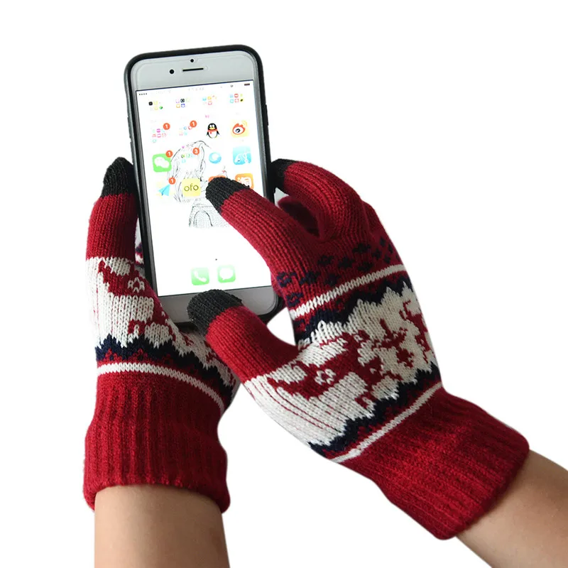 Теплые женские зимние перчатки полный палец руки теплые сенсорный экран Ганц мужской вязать шерсть толстые варежки Рождество олень зимние перчатки