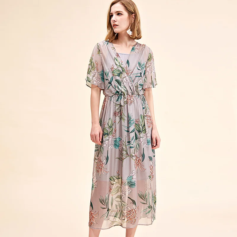 

outside 100% real silk dress 2019 summer new high quality women's luxury printed silk v-neck office lady dress