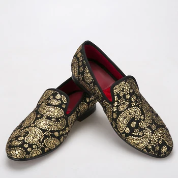 

Gold cashew flowers prints men velvet shoes Party and Wedding loafers British style smoking slipper mens dress shoes