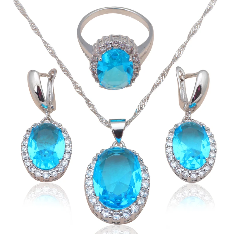 Luxury Zircon Fashion jewelry Silver Stamped Blue Zircon Jewelry Sets
