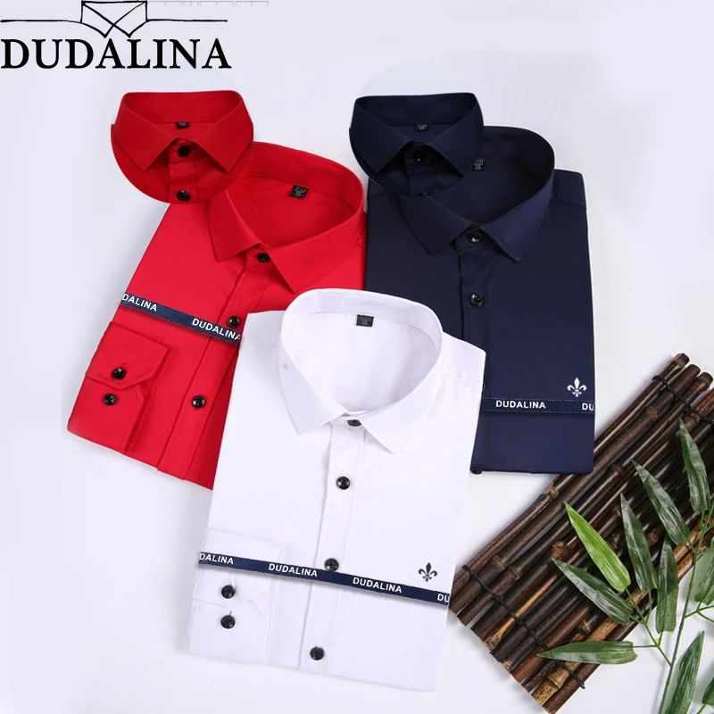 

DUDALINA 2019 Bamboo Fiber Dress Shirt Male Shirt Male Spring Autumn Long Sleeve Solid Twill Formal Business Men Social Shirts