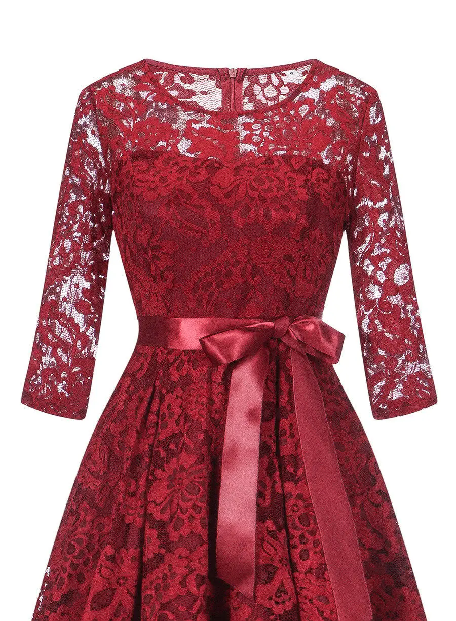 Gladiolus Hot 2018 Autumn Dress Women 34 Sleeve Sexy Lace Hollow Belt Tunic Midi Vintage Dress Evening Cocktail Party Dresses (13)