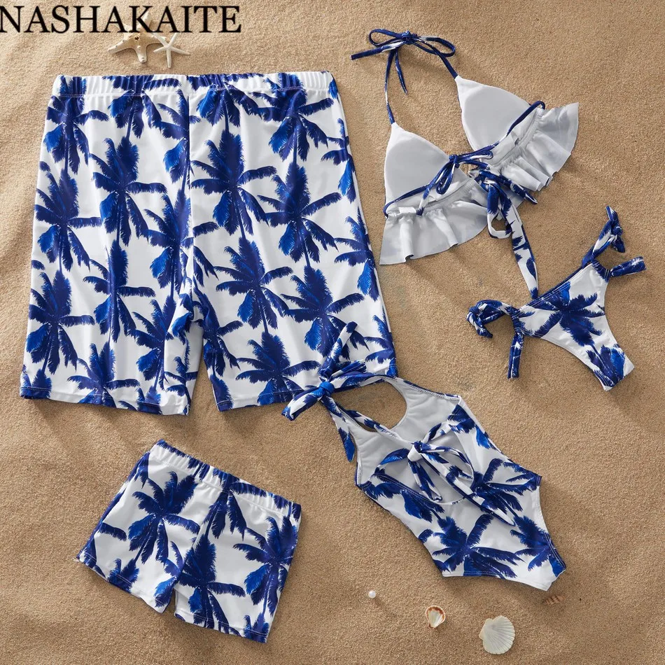 NASHAKAITE/одинаковые купальники для всей семьи; Новинка года; Летние плавки с принтом кокосовой пальмы для мужчин и мальчиков; купальный костюм «Мама и я»