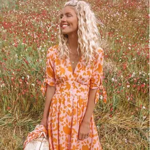 Модное летнее богемное пляжное платье со средним рукавом, v-образный вырез, офисное женское Макси платье с принтом, Vestidos Verano