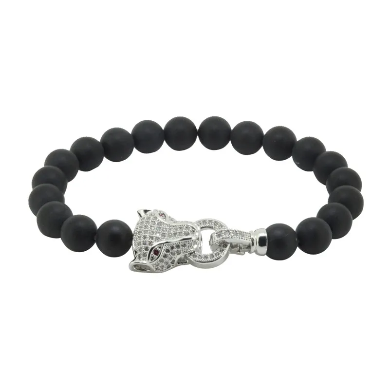 

Natural Pave CZ Leopard Head Stone Bracelets for Men 8mm Black Matte Mala Bead Bracelet Yoga Bracelets Pulseras Jewelry