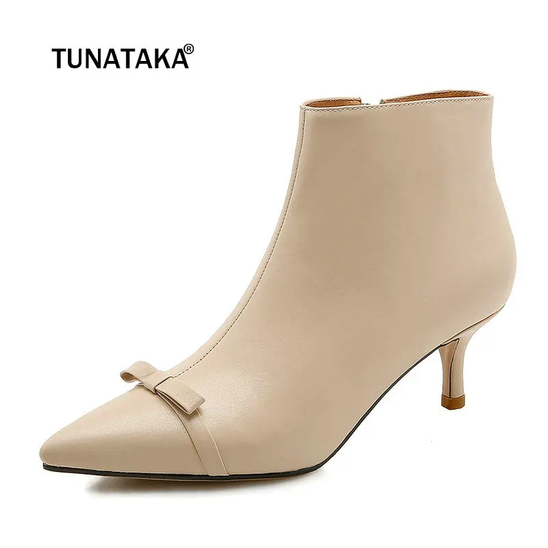 

Women Genuine Leather Sweet Bow Knot Thin Heel Ankle Boots Fashion Pointed Toe Zipper Fall Winter Bootis Black Gray Apricot