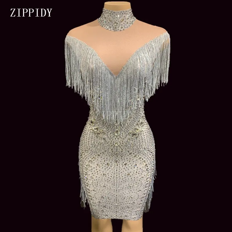 

Fashion Design Nude Spandex Fringes Dress Birthday Celebrate Stretch Tassels Dress Evening Party Sleeveless Tassel Dresses YOUDU