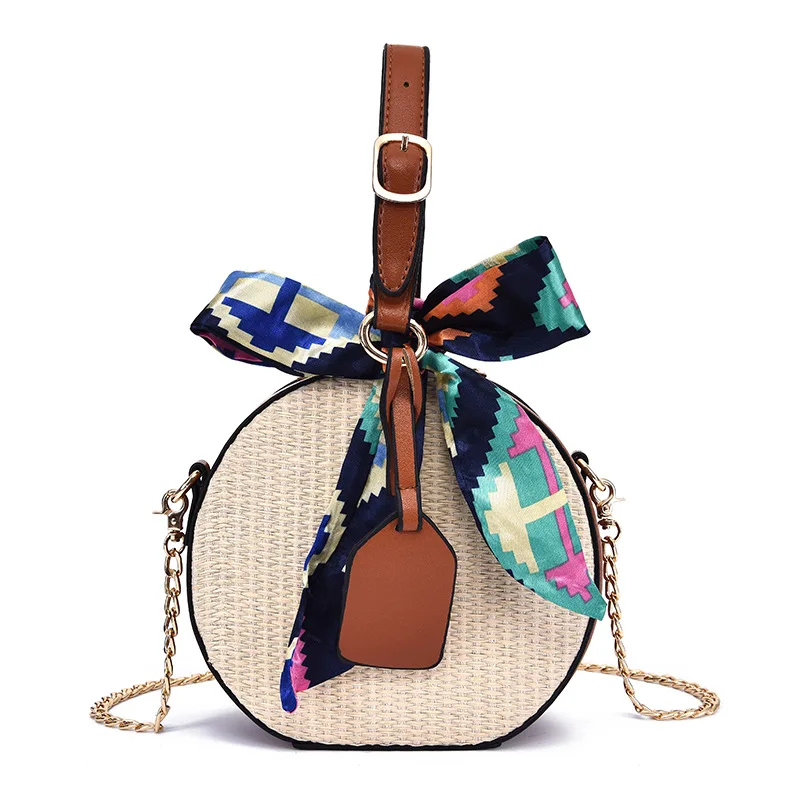 

Summer New Small Circle Beach Handbag Women's Straw Bag Bohemian Bali Lady Vintage Crossbody Handmade Kintted Shoulder Bags