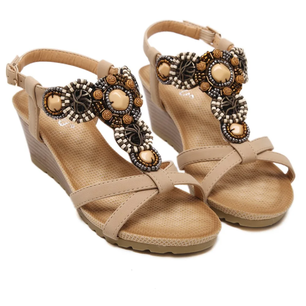 

NAUSK Brand 2017 Bohemia Wedge Women Sandals Summer Vintage Rhinestone Woman Flip Flops Beach Women Shoes