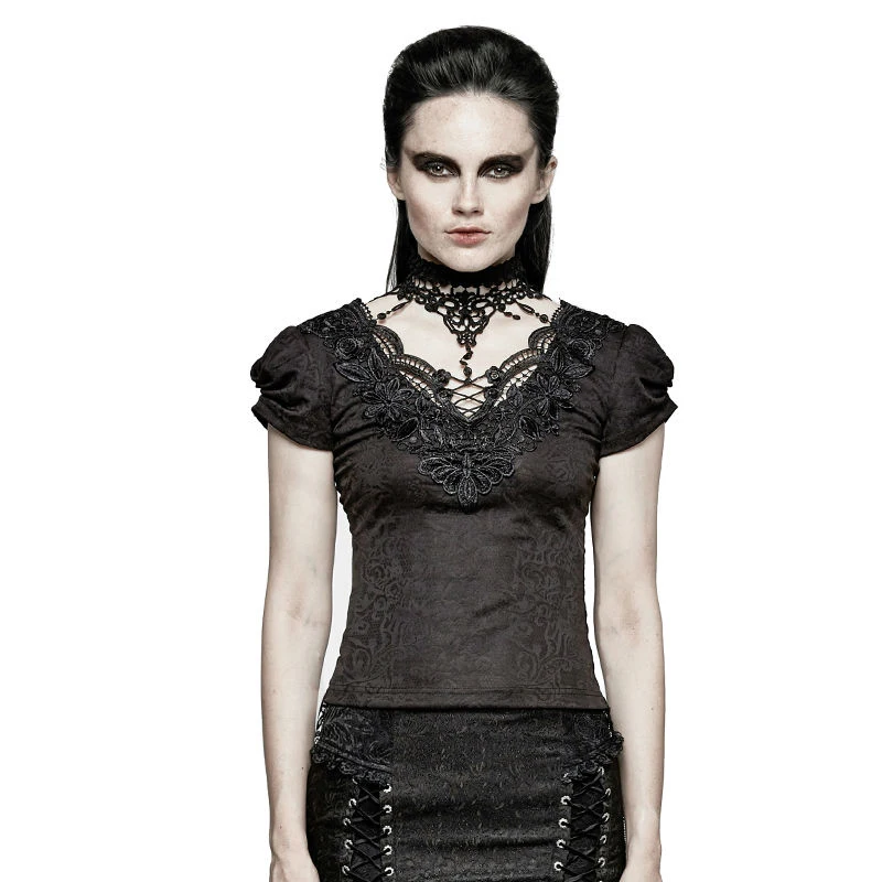 

Gothic Swallow Tail Short Sleeve T-Shirt Steampunk Party Black Lace Women Backless Tee Shirt Tops