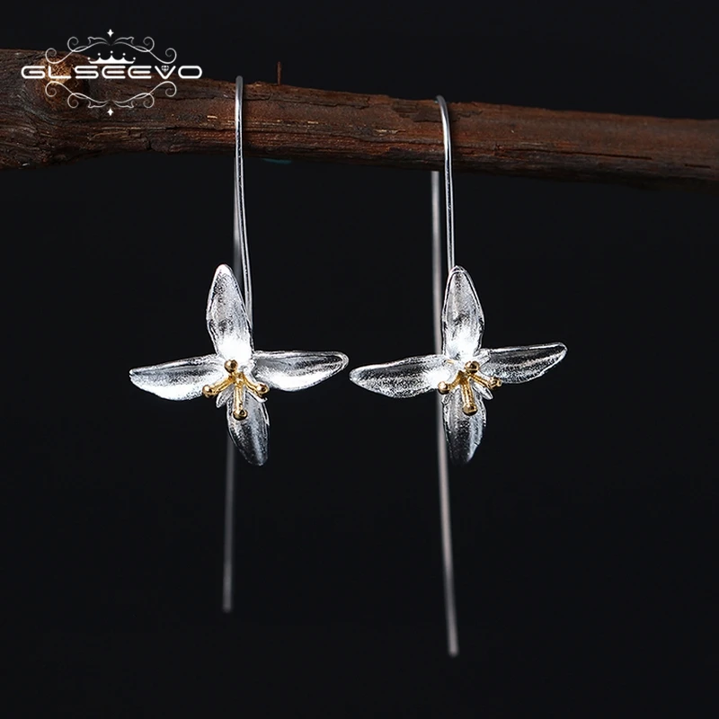 

GLSEEVO 925 Sterling Silver Four-leaf Flower Long Drop Earrings For Girls Plant Hanging Earrings Handmade Fine Jewelry GE0009