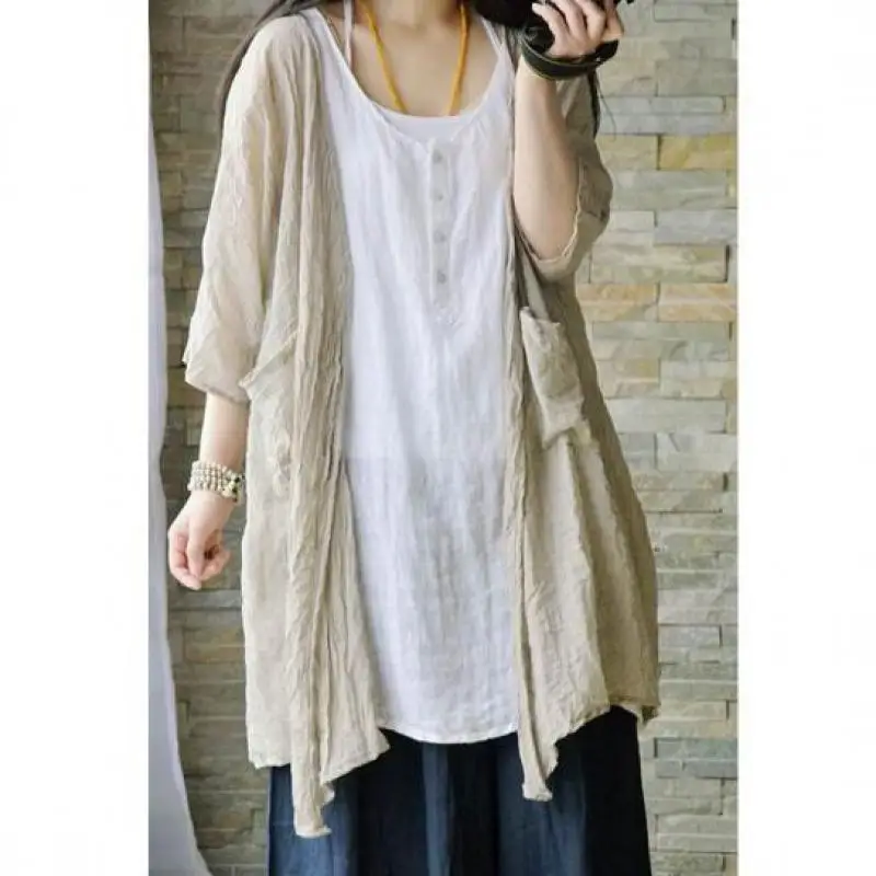 

Spring Summer Art Simple Loose Sunscreen Shirt Cotton Linen Batwing Sleeve Mori Girl Women Tops Kimono Blouse Top