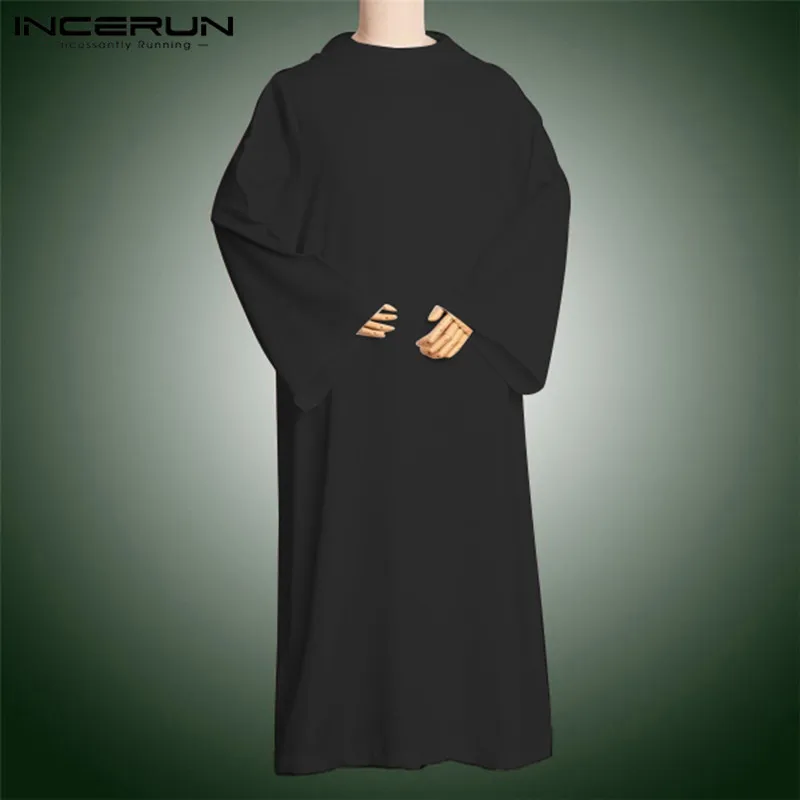 INCERUN Muslim Clothing Islamic Kaftan Robes Men Hooded Solid Clothes Long Sleeve Loose Men Jubba Thobe Saudi Arabia Kaftan