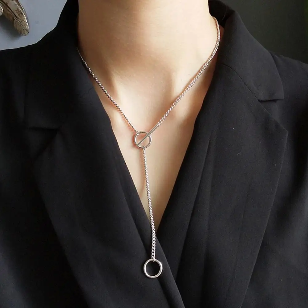 

Simple Bohemia Style Pure 925Sterling Silver Y Design Choker Necklace Circle Charms OT Button Chain Pendant Necklace Drop Free