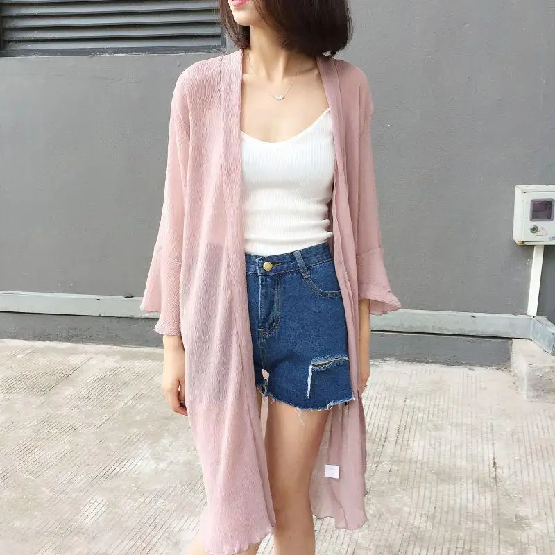 

2019 New Yfashion Women Summer Casual Solid Color Pagoda Sleeve Long Style Sunscreen Shirt