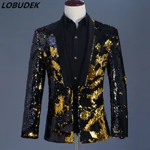 Высокое Качество, Модные Формальные куртки Для мужчин костюм золотой черный Блестки пальто Верхняя одежда Пром Вокальный концерт певица хост сценический костюм
