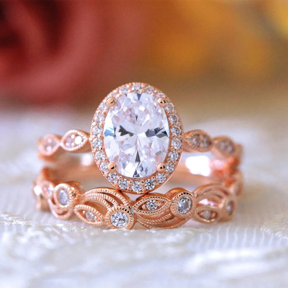 

Luxury Rose Gold Filled Lace Wedding Ring for Women Elegant Lady Cubic Zircon Bridal Ring Sets Engagement Party Jewelry Gifts