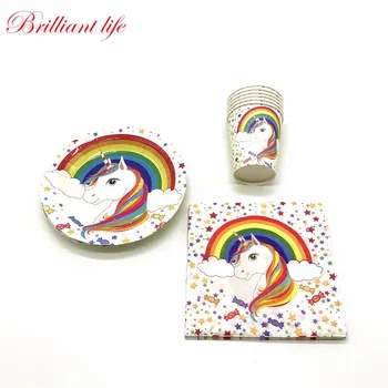 

Disney Rainbow Unicorn Theme 34pcs/lot Boy Girl Favors Birthday Party Paper 12Cup 12Plate 10Napkin Dish Event & Party Supplies
