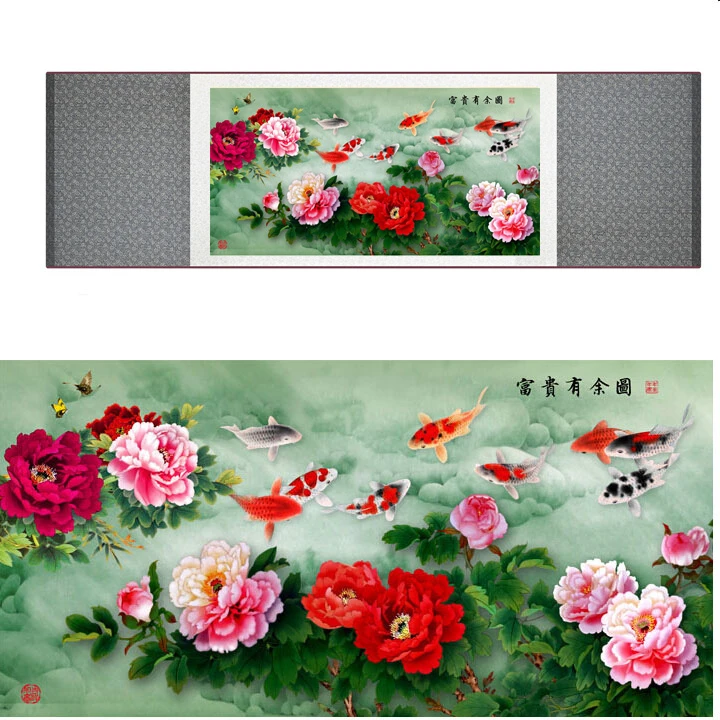 牡丹の花と魚paiting繁体字中国語アート絵画シルク スクロール アート絵画 Painting Jackson Painting Stripespainting Ducks Aliexpress