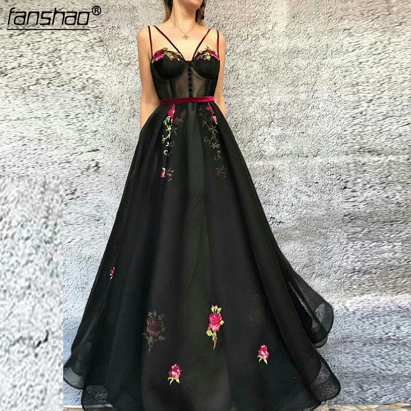 

Black Prom Dress Appliques Beads A Line Spaghetti Strap Illusion Prom Dresses Islamic Dubai Saudi Arabic Evening Dress-in Prom D