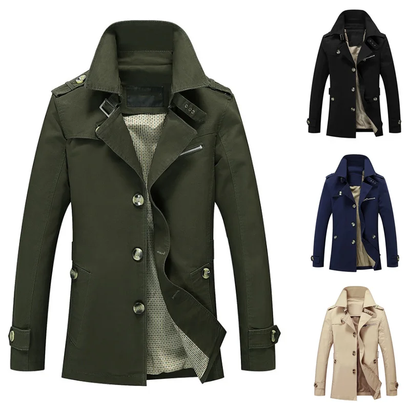 

Men Spring Autumn Overcoat Turn-down Collar Single-breasted Zipper Pockets Plus Size Slim Fit Coats TT@88
